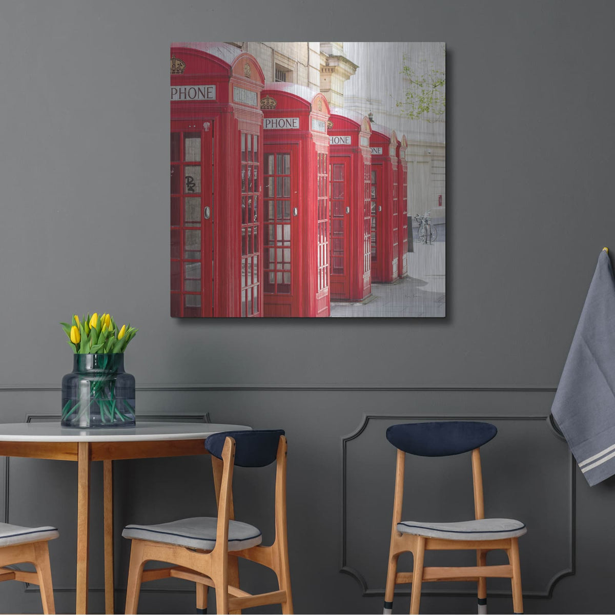 'Covent Garden Phone Boxes' by Keri Bevan – Metal Wall Art, 36x36 room view