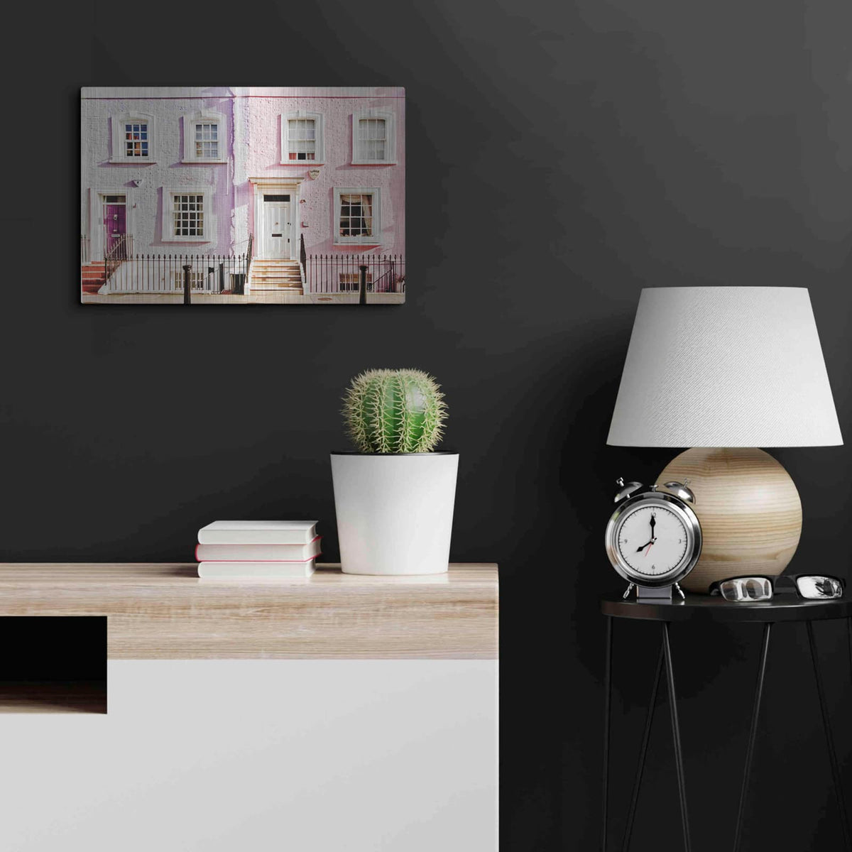 'London Pink Purple Houses' by Keri Bevan – Metal Wall Art, 24x16 room view