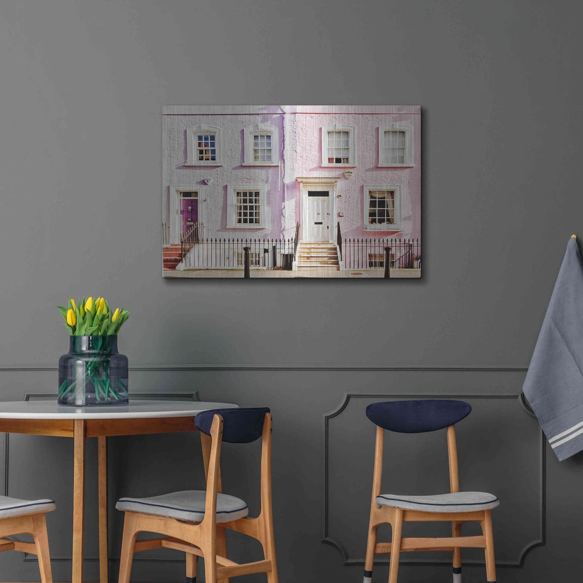 'London Pink Purple Houses' by Keri Bevan – Metal Wall Art, 36x24 room view