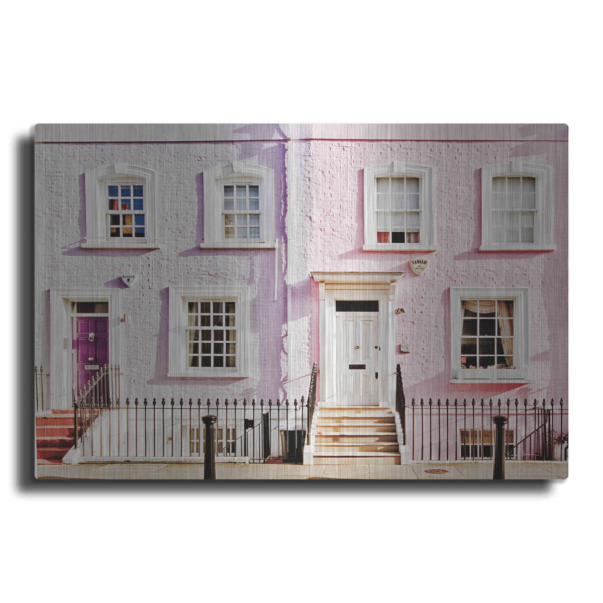 'London Pink Purple Houses' by Keri Bevan – Metal Wall Art