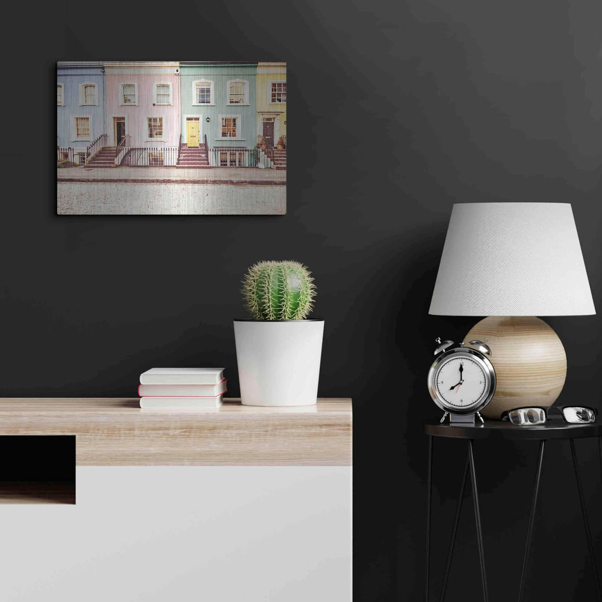 'Chelsea Houses All Lined Up Spring' by Keri Bevan – Metal Wall Art, 24x16 room view