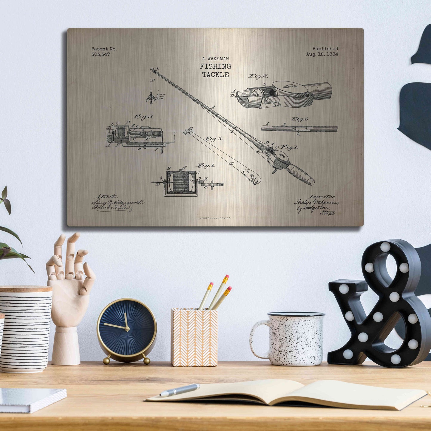 Luxe Metal Art 'Fishing Tackle Blueprint Patent Parchment' Metal Wall Art,16x12