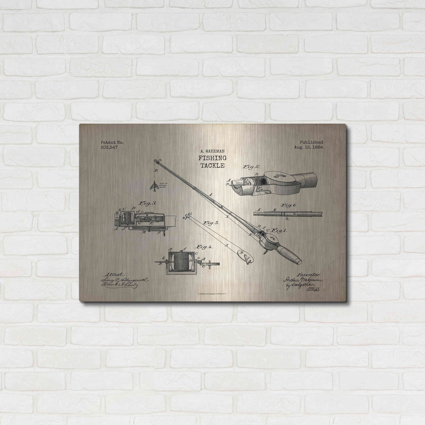 Luxe Metal Art 'Fishing Tackle Blueprint Patent Parchment' Metal Wall Art,36x24