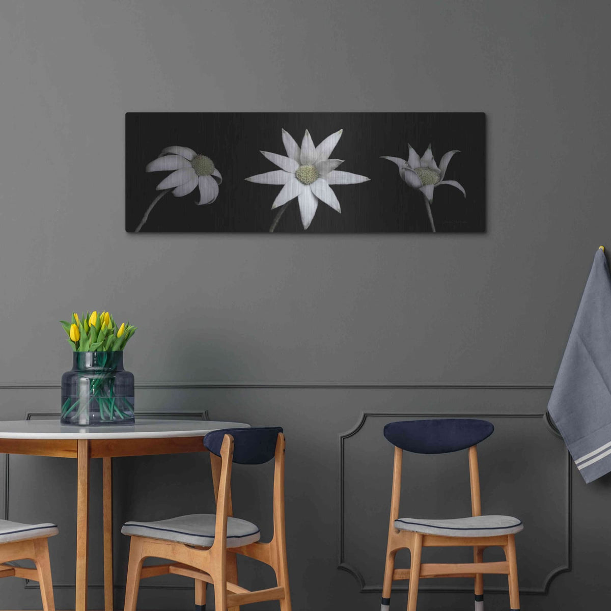 'Flannel Flower Trio' by Elise Catterall – Metal Wall Art, 48x16 room view