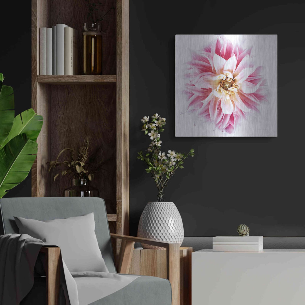 'Pink Dahlia' by Elise Catterall – Metal Wall Art, 24x24 room view