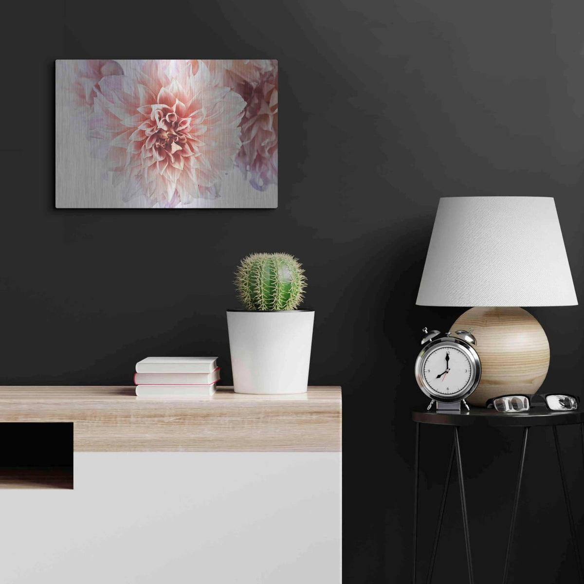 'Peach Dahlias Light' by Elise Catterall – Metal Wall Art, 24x16 room view