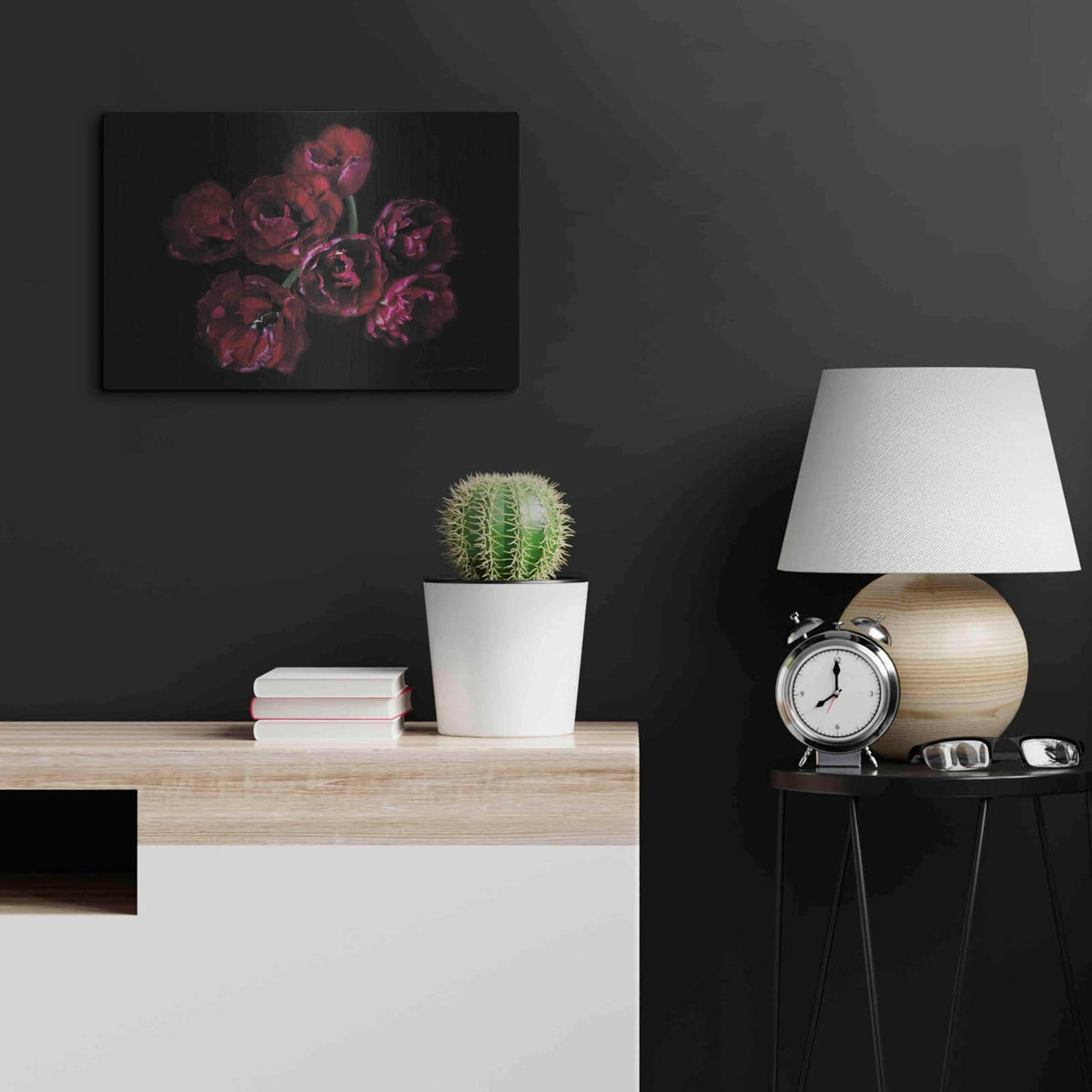 'Red Double Tulips' by Elise Catterall – Metal Wall Art, 24x16 room view
