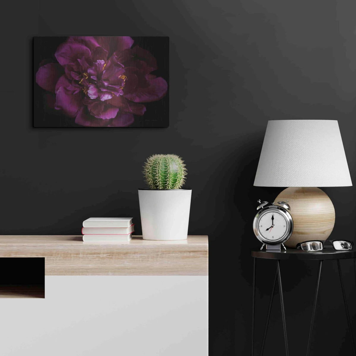 'Vivid Dark Peony' by Elise Catterall – Metal Wall Art, 24x16 room view