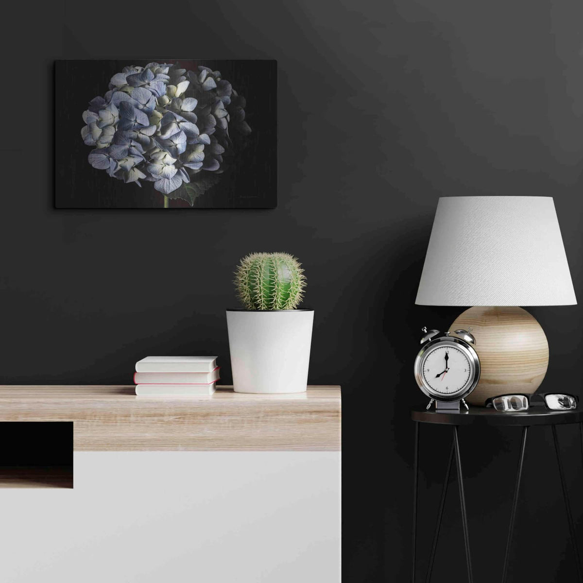 'Pale Blue Hydrangea' by Elise Catterall – Metal Wall Art, 24x16 room view