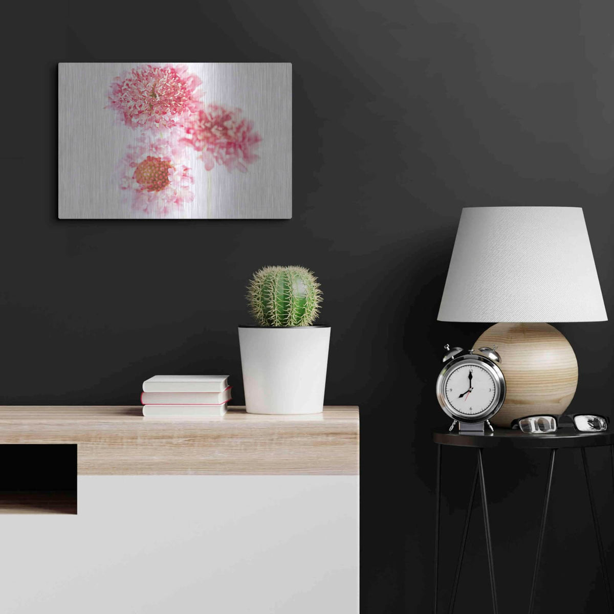 'Pink Scabiosa Trio' by Elise Catterall – Metal Wall Art, 24x16 room view