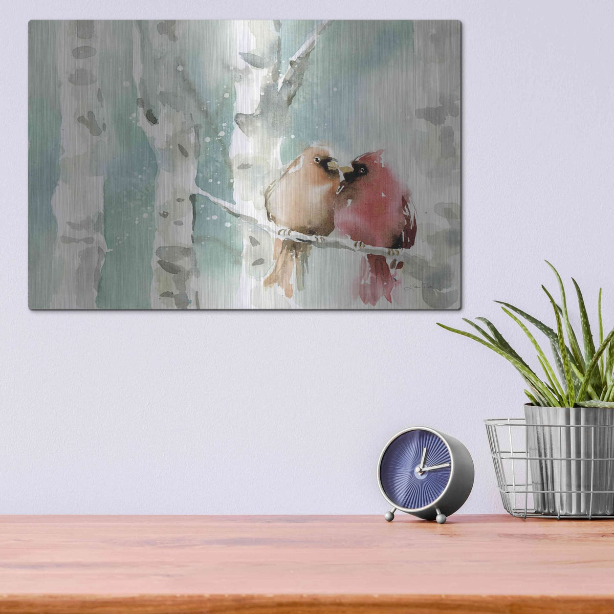 'Christmas Cardinals' by Katrina Pete – Metal Wall Art, 16x12 room view