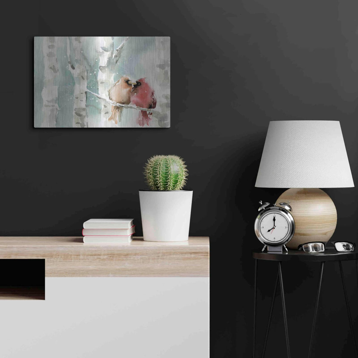 'Christmas Cardinals' by Katrina Pete – Metal Wall Art, 24x16 room view