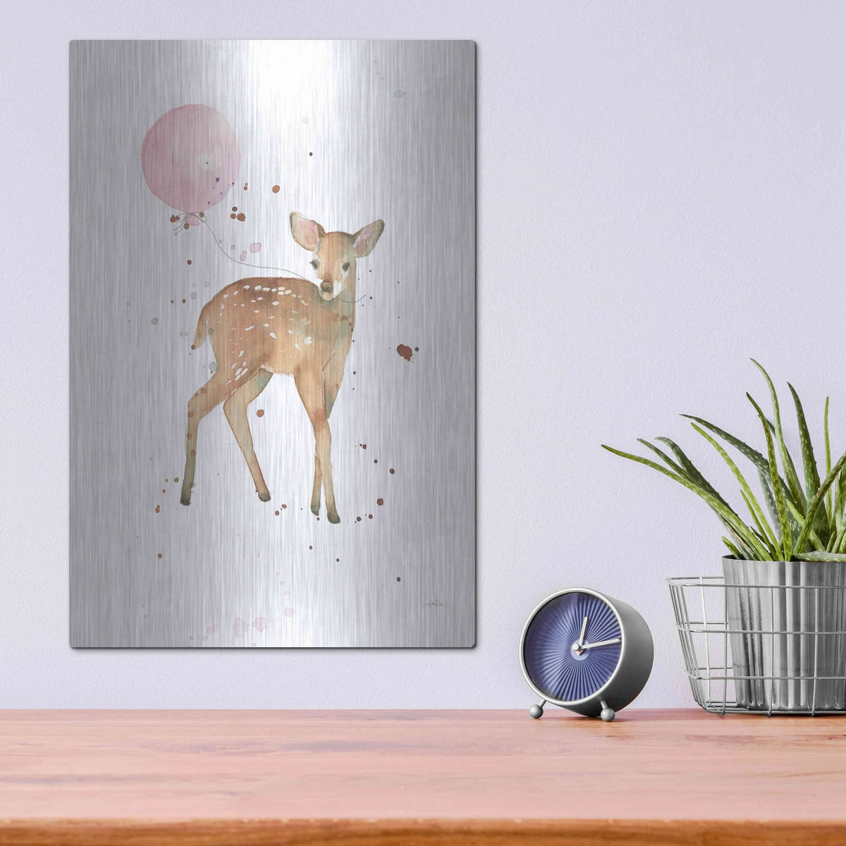 'Festive Fawn Pink Balloon' by Katrina Pete – Metal Wall Art, 12x16 room view