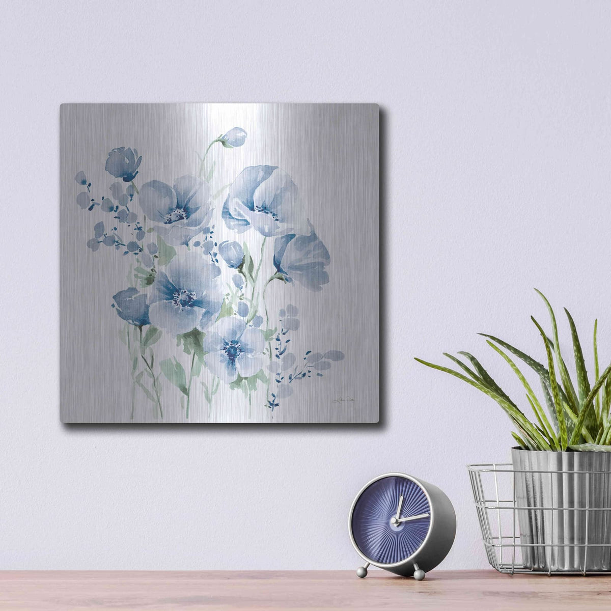 'Secret Garden Bouquet II Blue Light' by Katrina Pete – Metal Wall Art, 12x12 room view