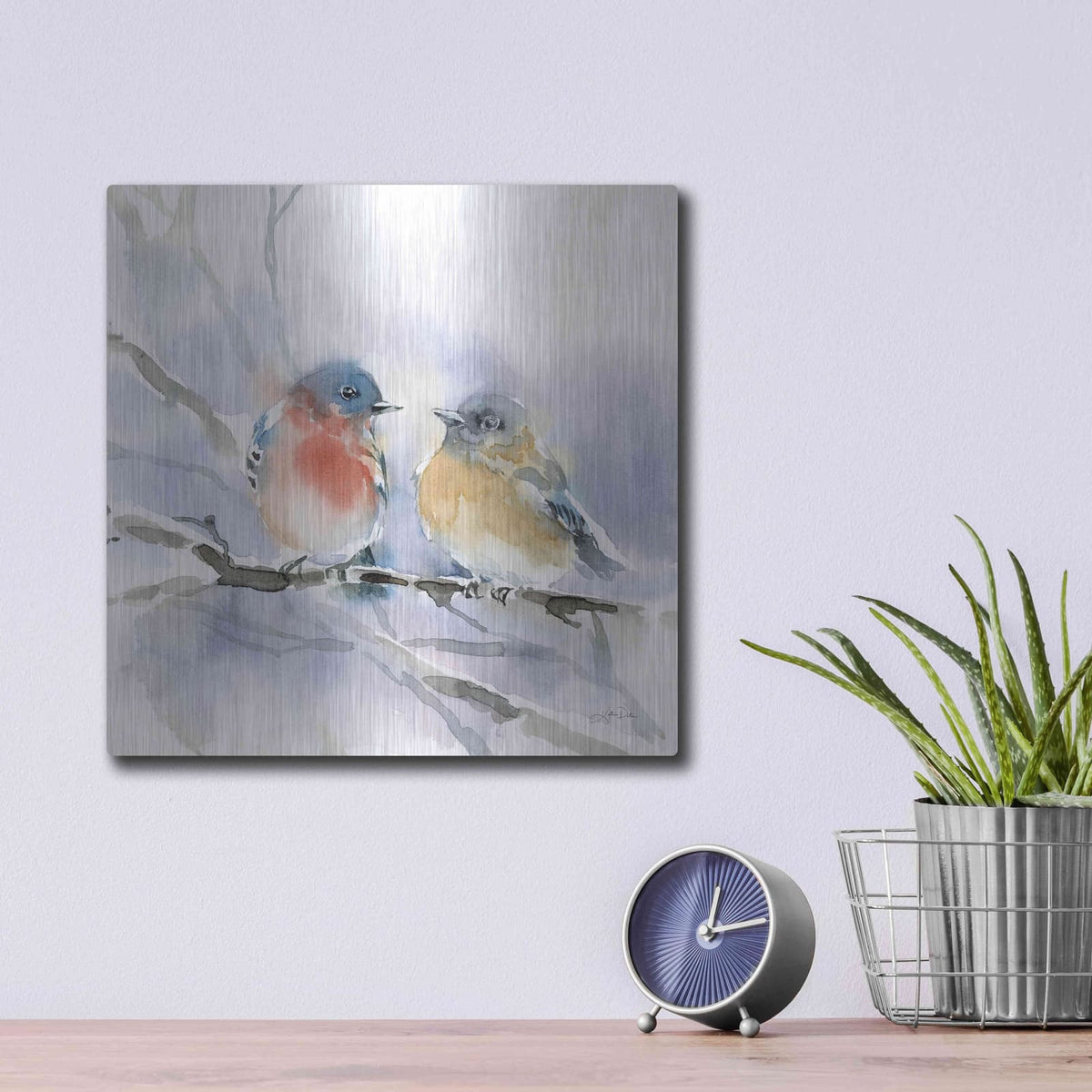 'Bluebird Pair' by Katrina Pete – Metal Wall Art, 12x12 room view