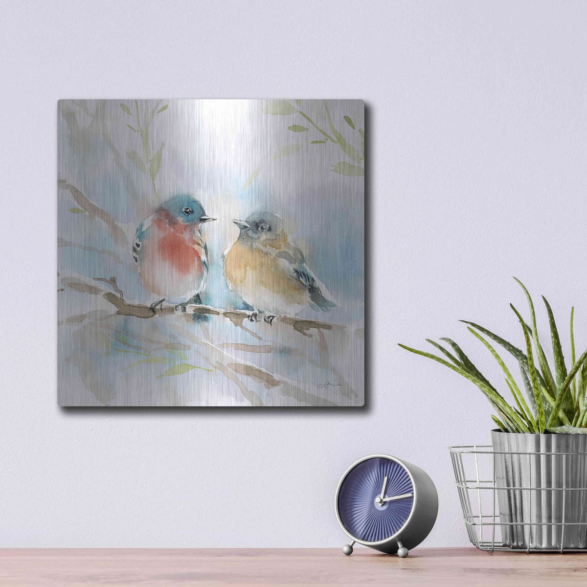 'Bluebird Pair in Spring' by Katrina Pete – Metal Wall Art, 12x12 room view