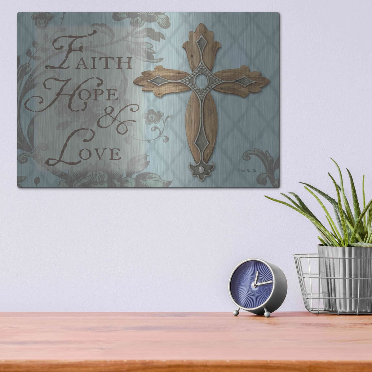 'Faith Hope Love' by Lisa Audit – Metal Wall Art, 16x12 room view