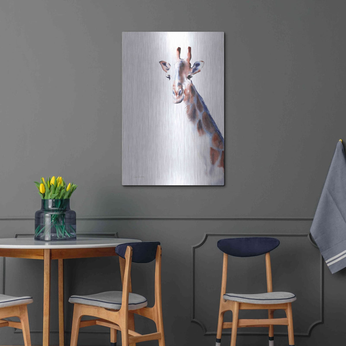 'Copper And Blue Giraffe' by Alan Majchrowicz – Metal Wall Art, 24x36 room view