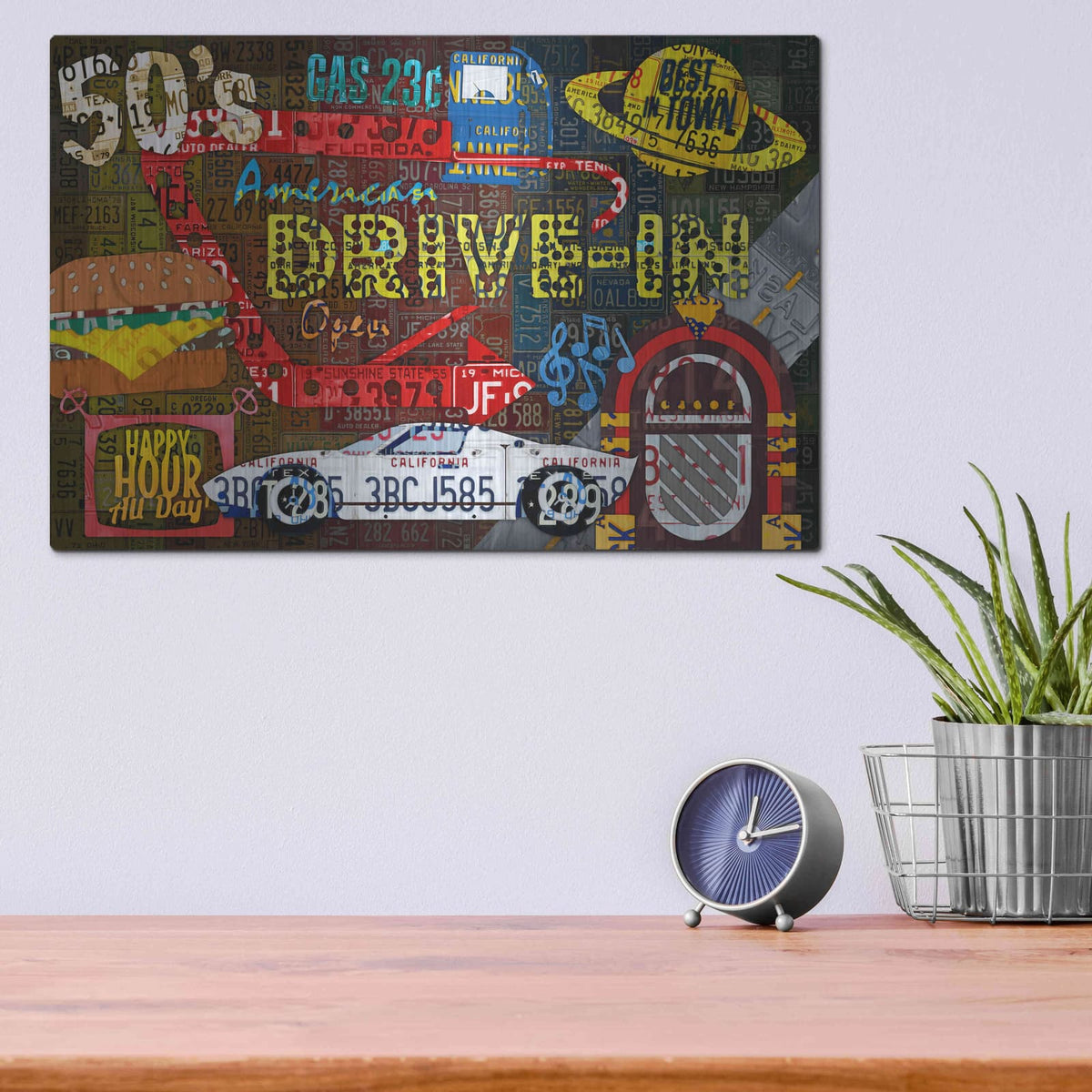'American Driveins License Plate Art Collage' by Design Turnpike – Metal Wall Art, 16x12 room view