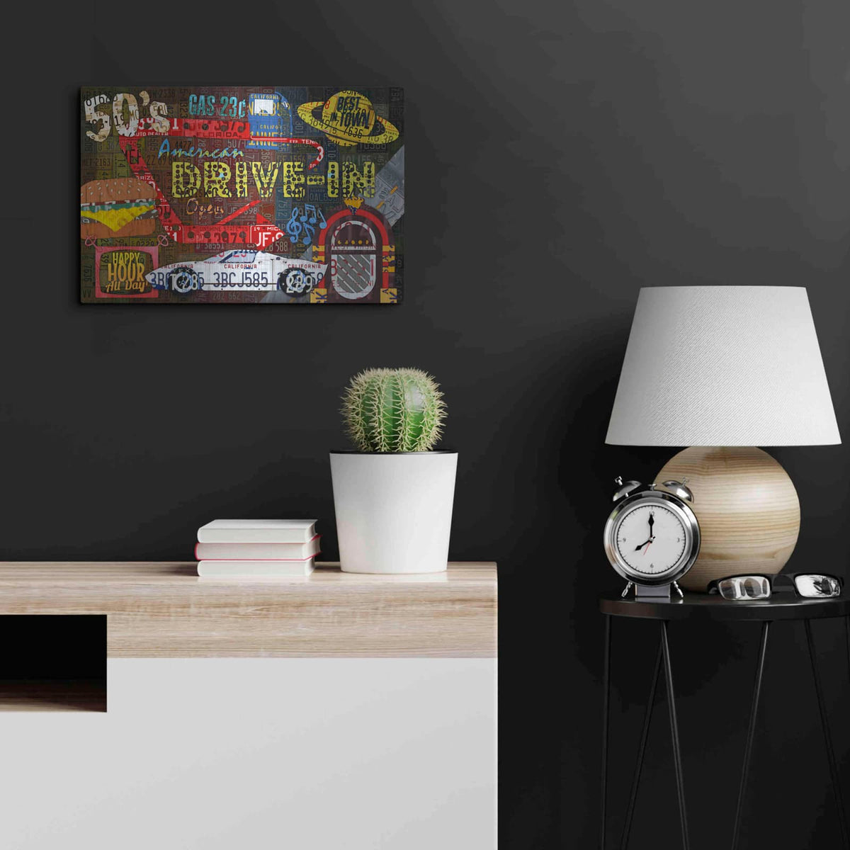 'American Driveins License Plate Art Collage' by Design Turnpike – Metal Wall Art, 24x16 room view