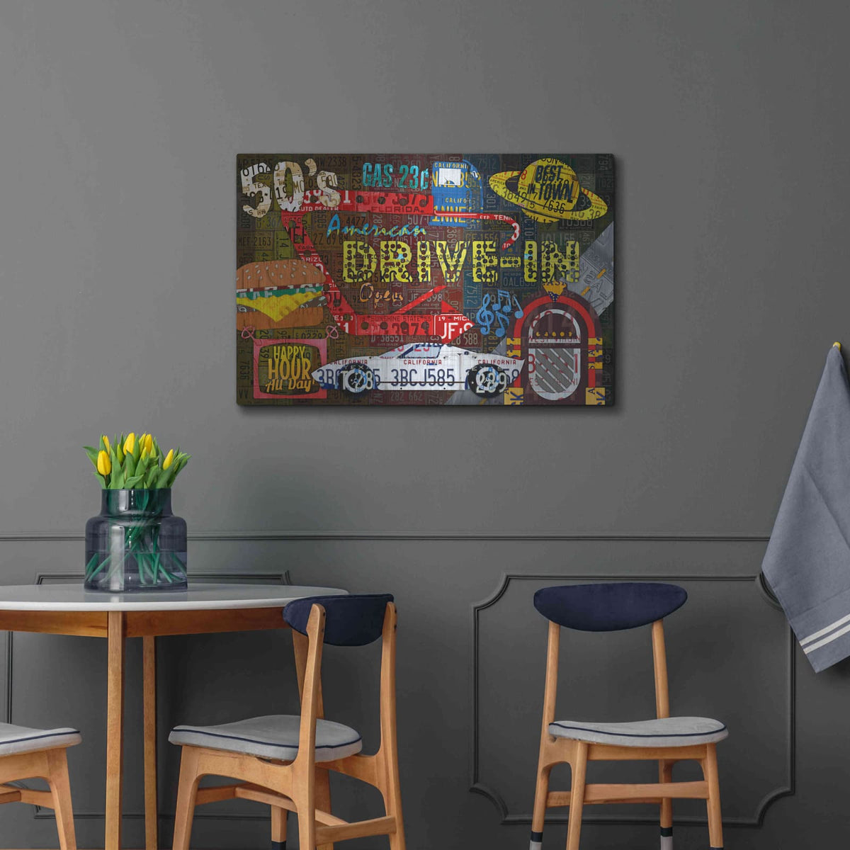 'American Driveins License Plate Art Collage' by Design Turnpike – Metal Wall Art, 36x24 room view