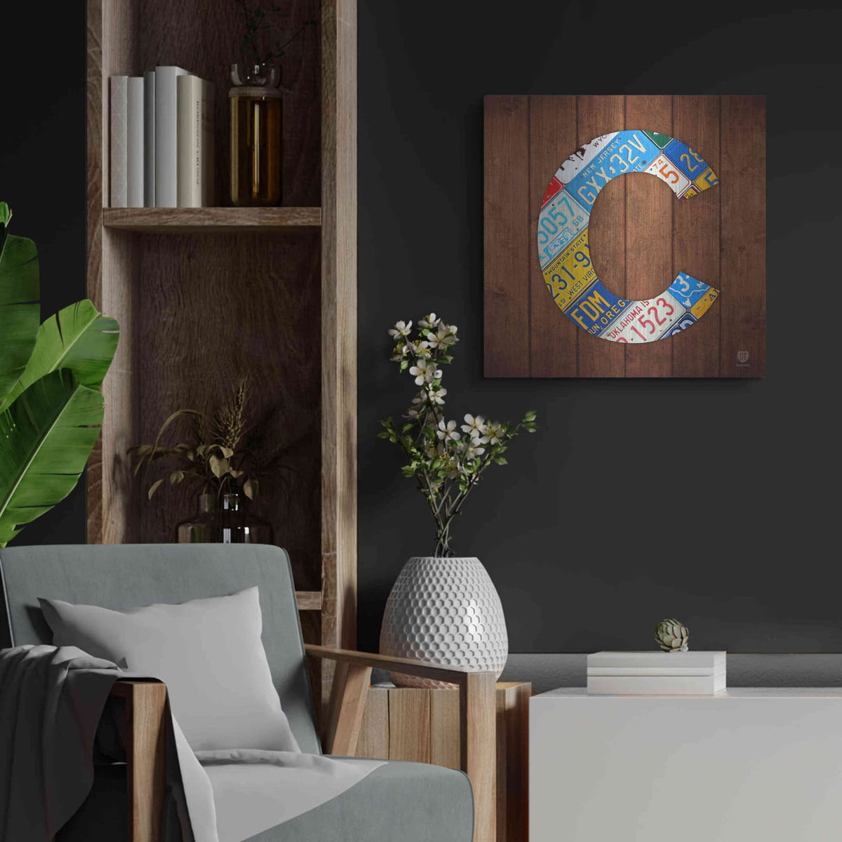 'C' by Design Turnpike – Metal Wall Art, 24x24 room view