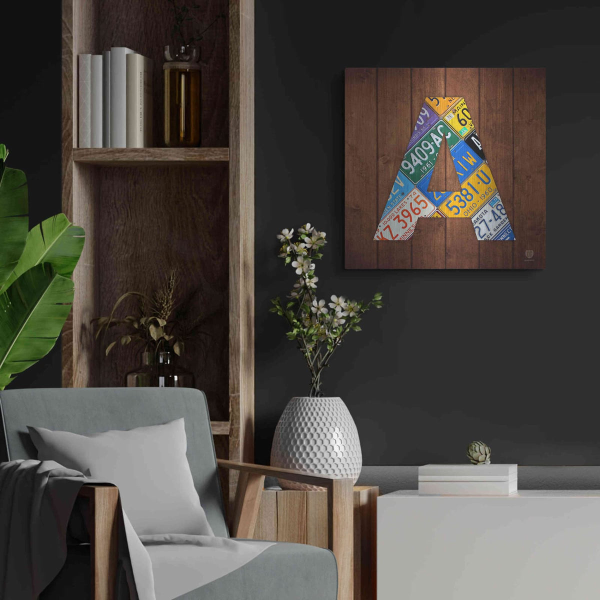 'A' by Design Turnpike – Metal Wall Art, 24x24 room view