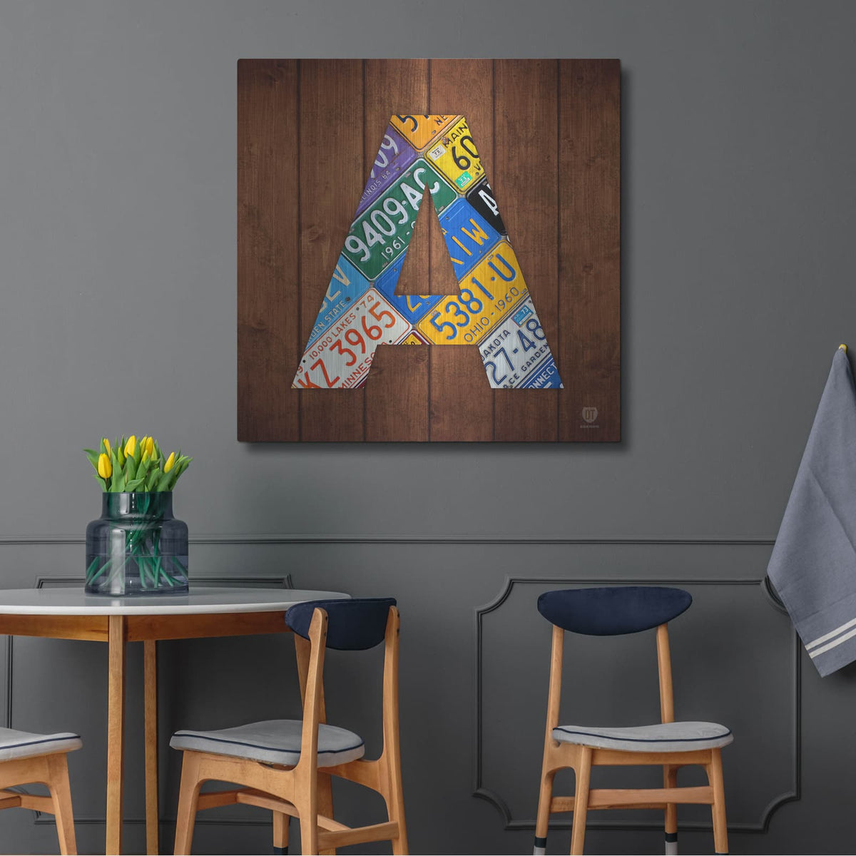 'A' by Design Turnpike – Metal Wall Art, 36x36 room view