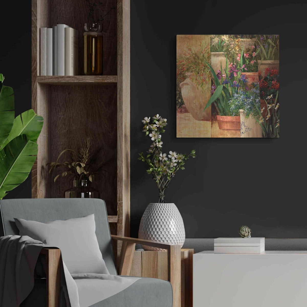 'Flower Pots Left' by Art Fronckowiak – Metal Wall Art, 24x24 room view