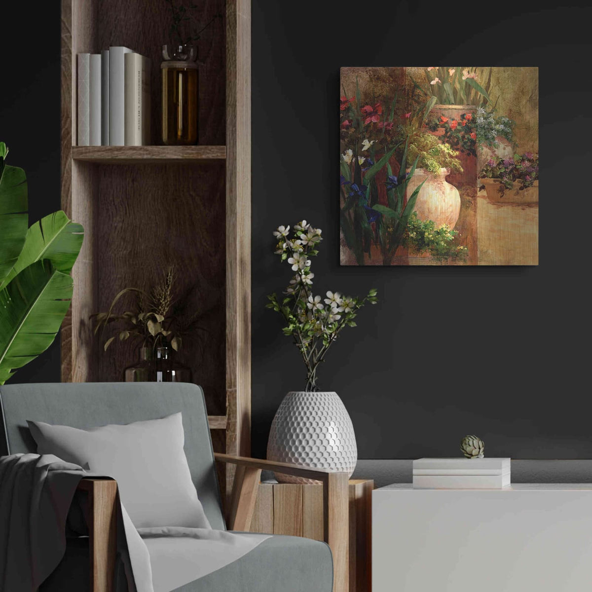 'Flower Pots Right' by Art Fronckowiak – Metal Wall Art, 24x24 room view