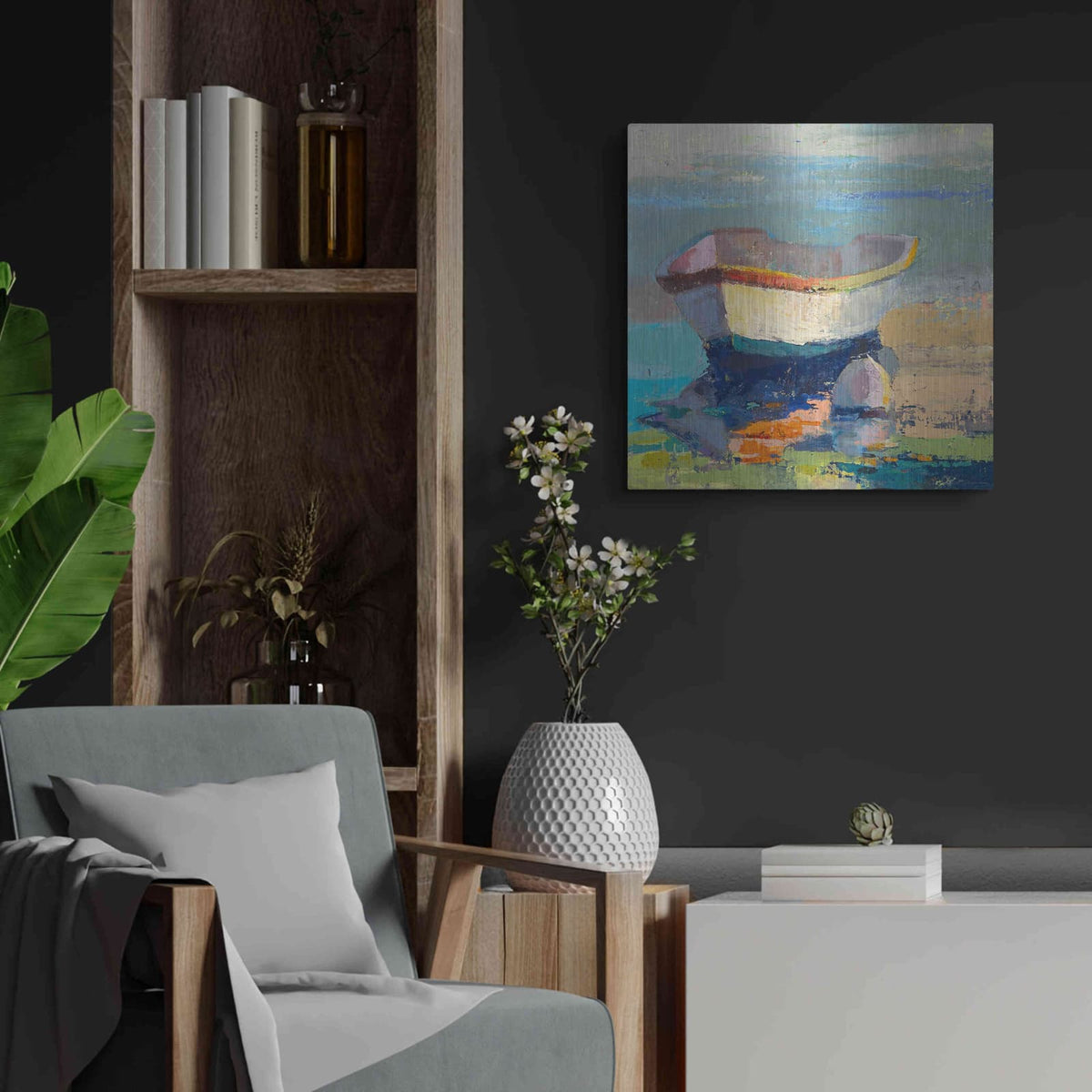 'Bottle Green Boat' by Beth Forst – Metal Wall Art, 24x24 room view
