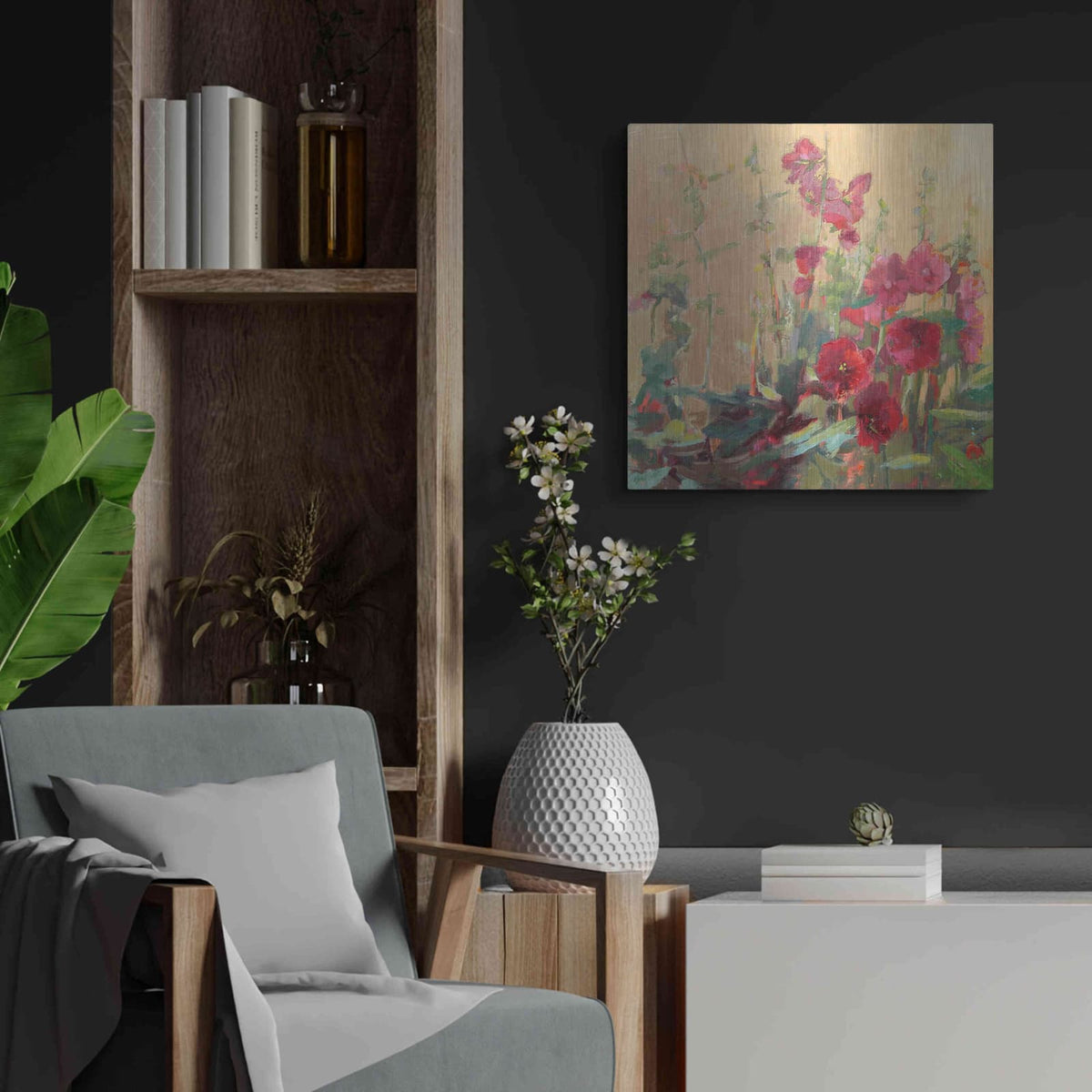 'Red Haven Hollyhocks' by Beth Forst – Metal Wall Art, 24x24 room view