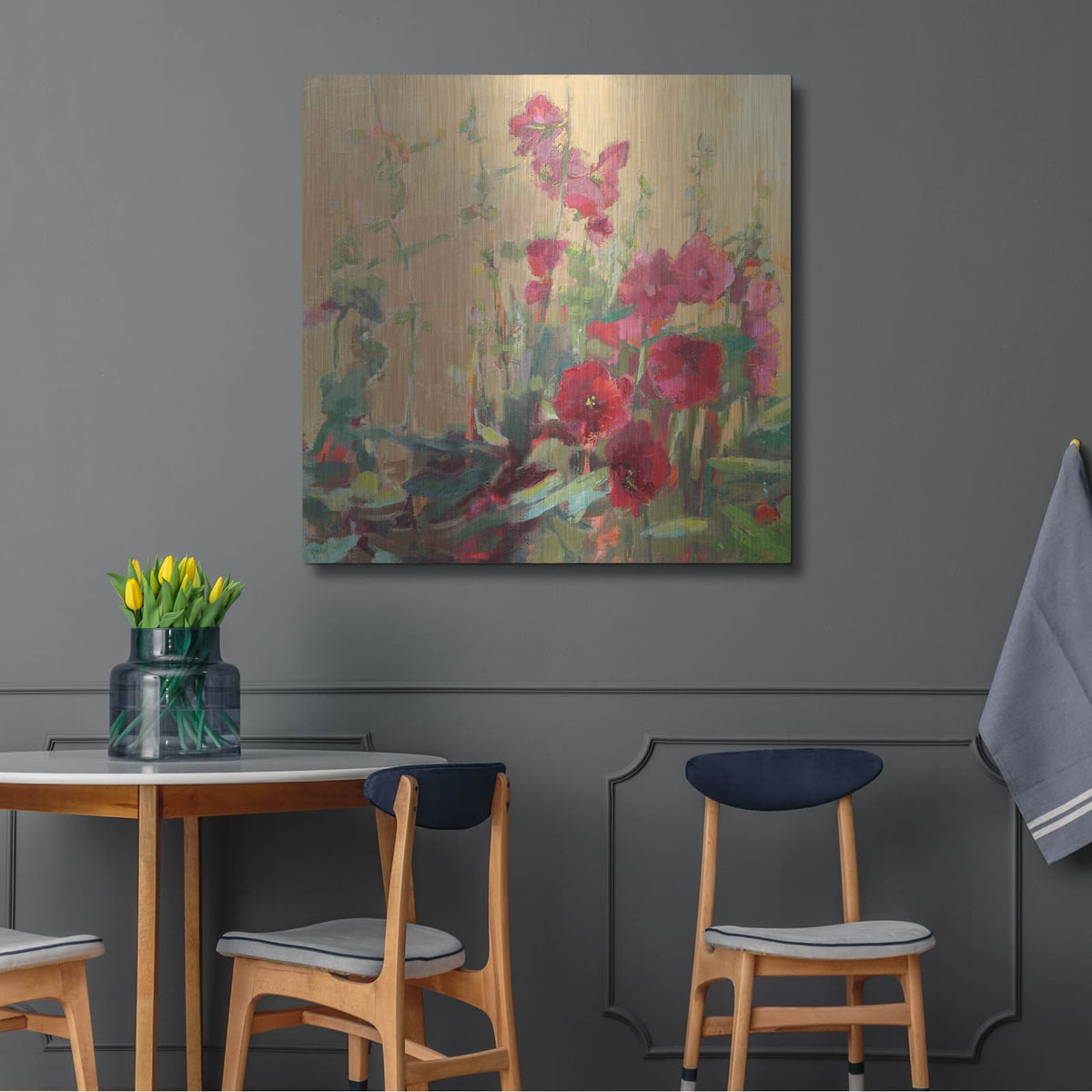 'Red Haven Hollyhocks' by Beth Forst – Metal Wall Art, 36x36 room view