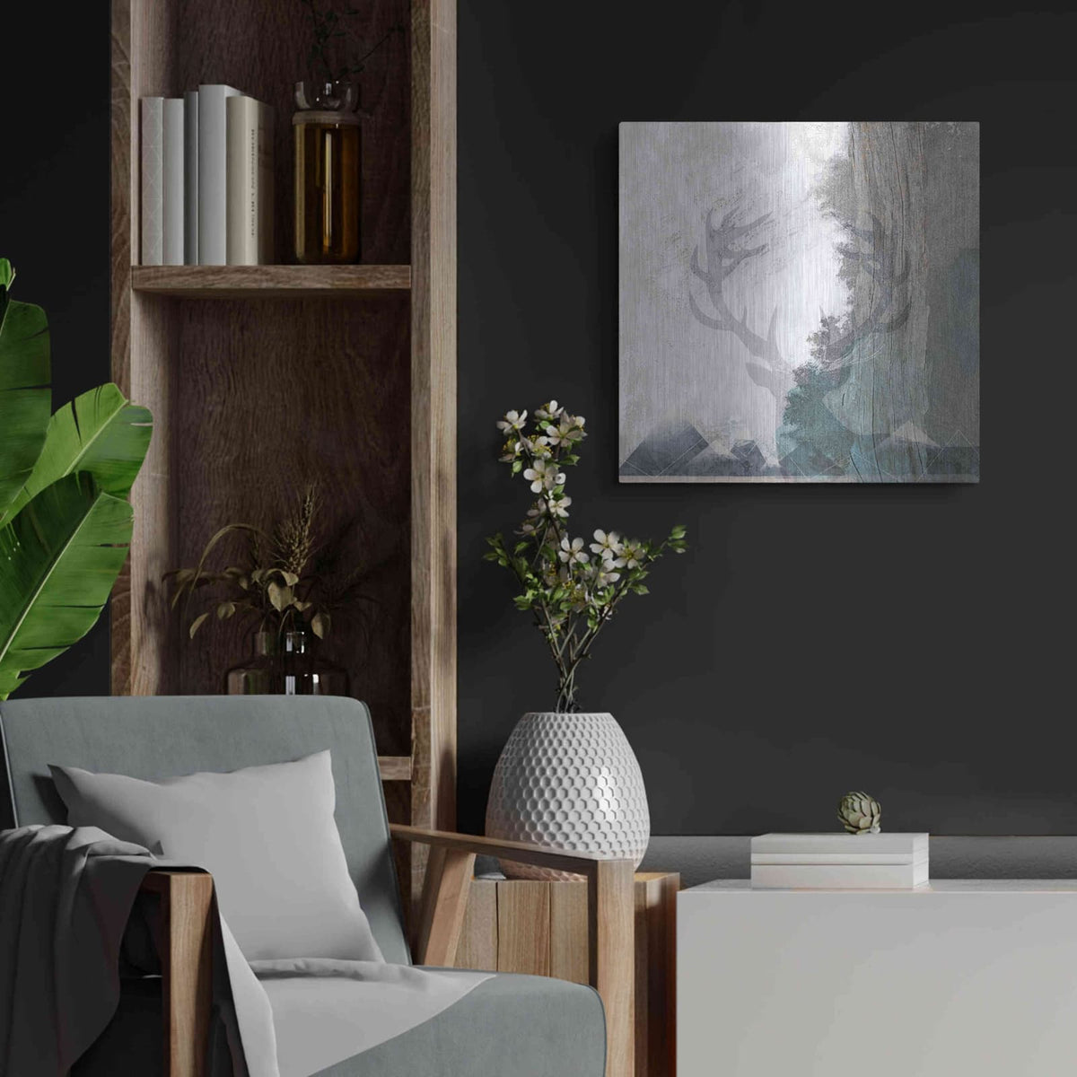 'Deer and Mountains 1' by Louis Duncan – Metal Wall Art, 24x24 room view