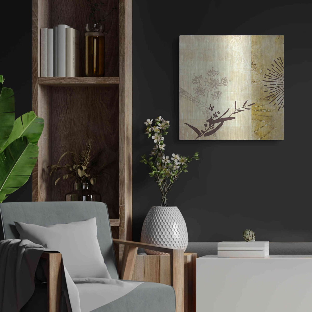 'Golden Henna Breeze 1' by Louis Duncan – Metal Wall Art, 24x24 room view