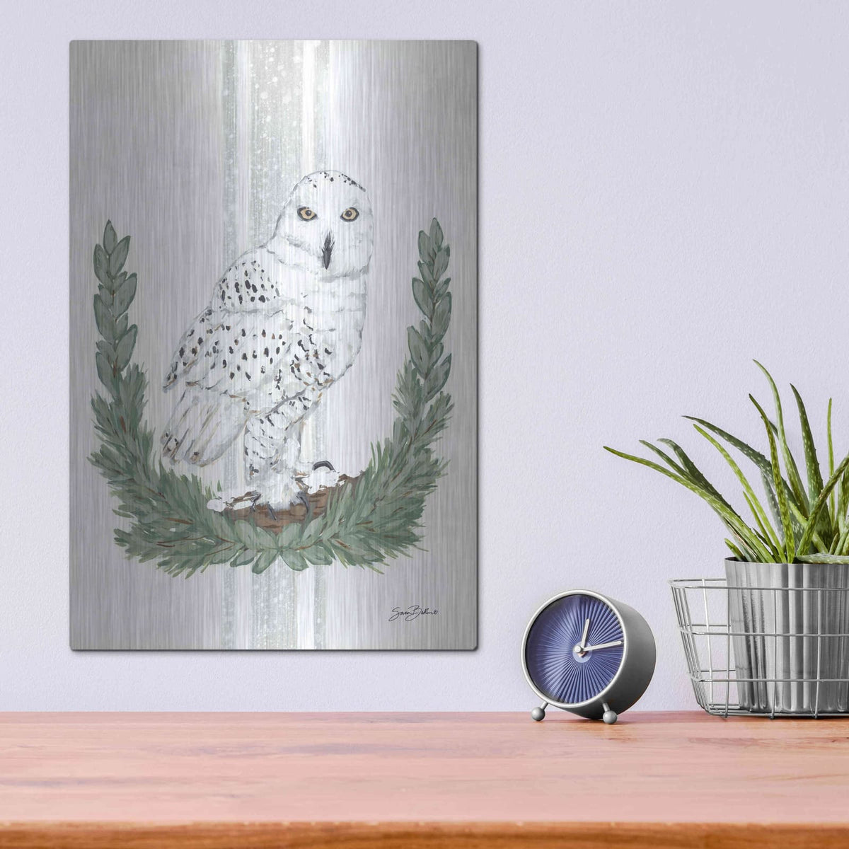 'Arctic Winter Owl' by Sara Baker – Metal Wall Art, 12x16 room view