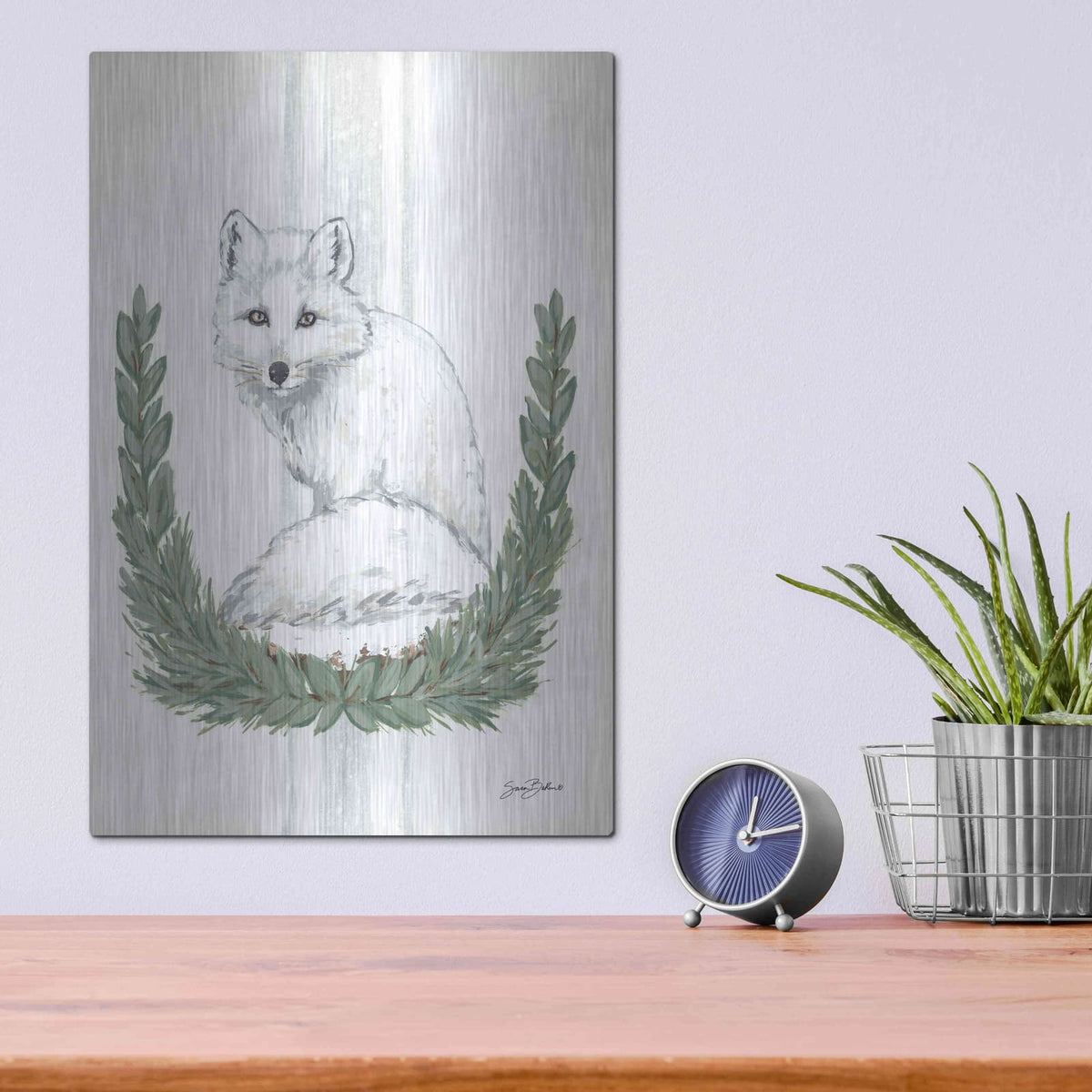 'Arctic Winter Fox' by Sara Baker – Metal Wall Art, 12x16 room view