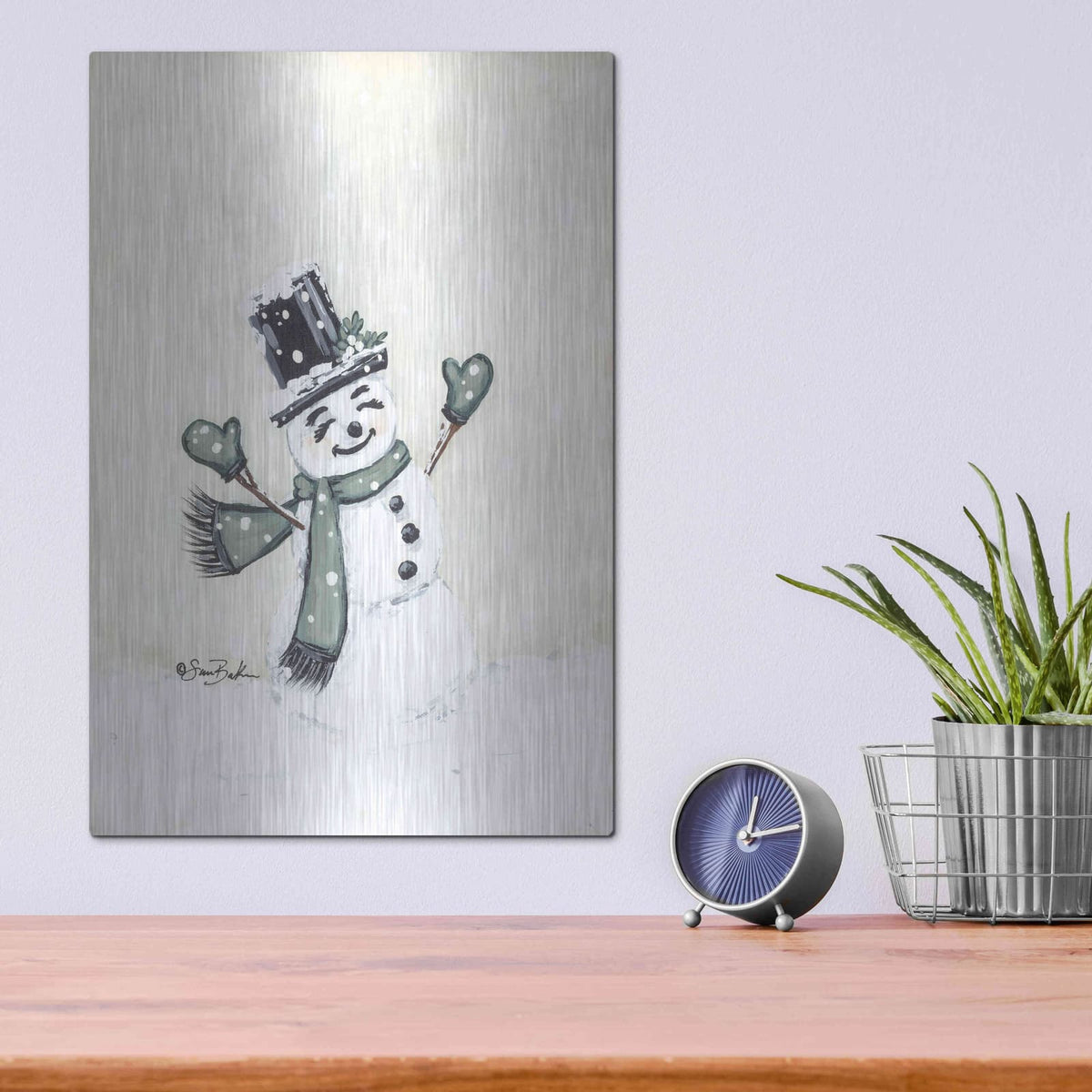 'Jolly Green Snowman' by Sara Baker – Metal Wall Art, 12x16 room view