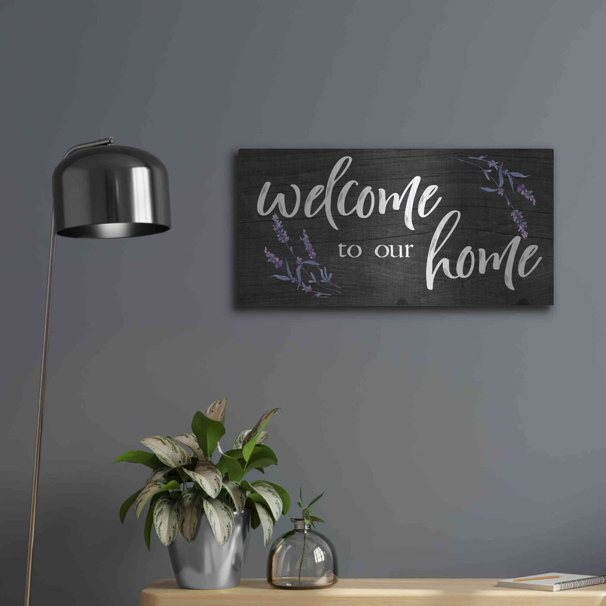 'Welcome to Our Home' by Susie Boyer – Metal Wall Art, 24x12 room view