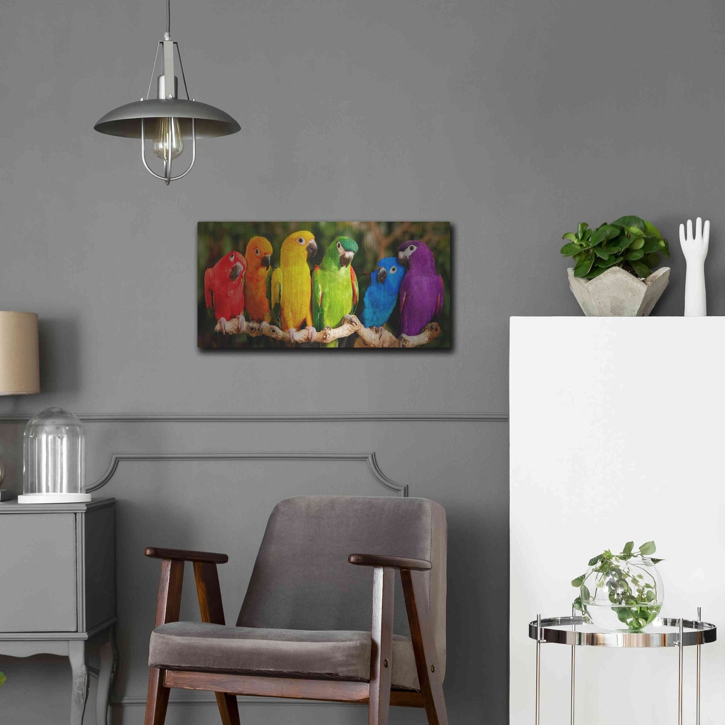 Luxe Metal Art 'Rainbow Parrots' by Mike Jones, Metal Wall Art,24x12