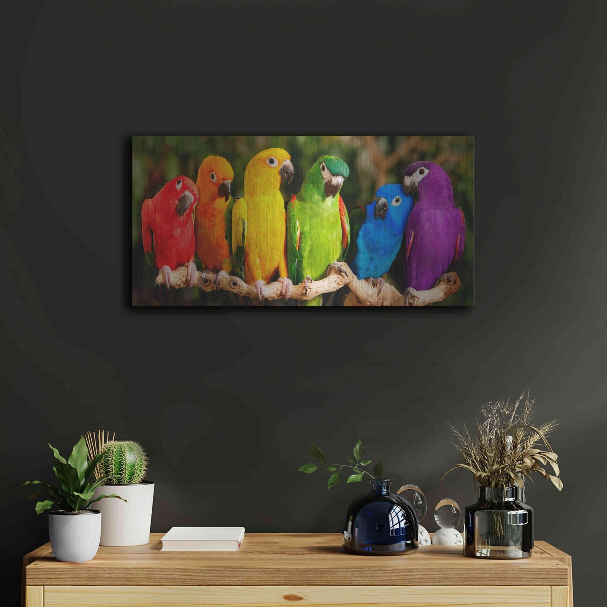 Luxe Metal Art 'Rainbow Parrots' by Mike Jones, Metal Wall Art,24x12