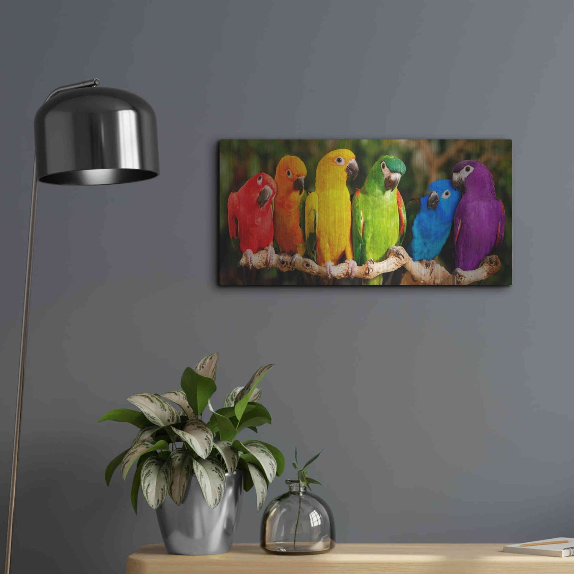 Luxe Metal Art 'Rainbow Parrots' by Mike Jones, Metal Wall Art,24x12