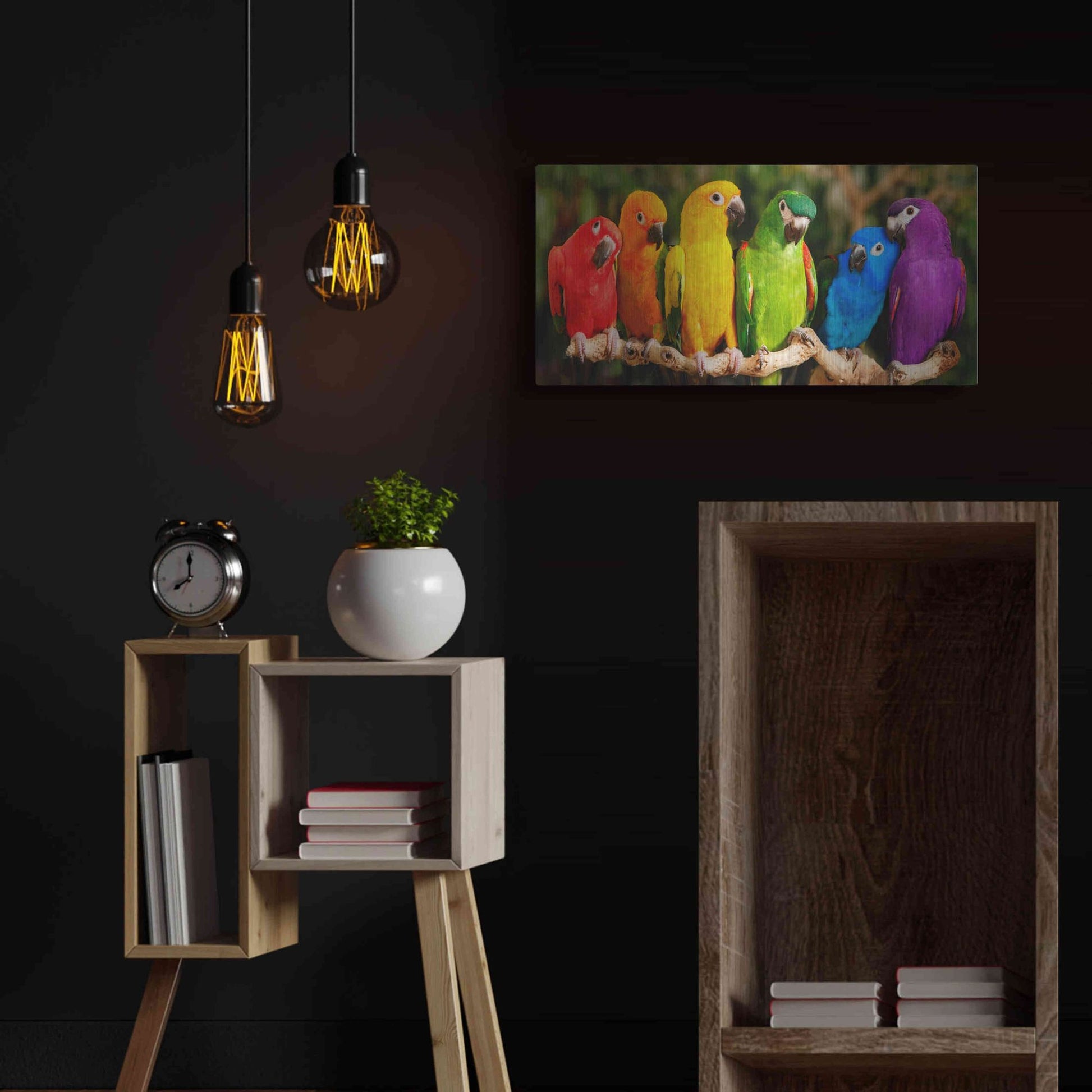 Luxe Metal Art 'Rainbow Parrots' by Mike Jones, Metal Wall Art,24x12
