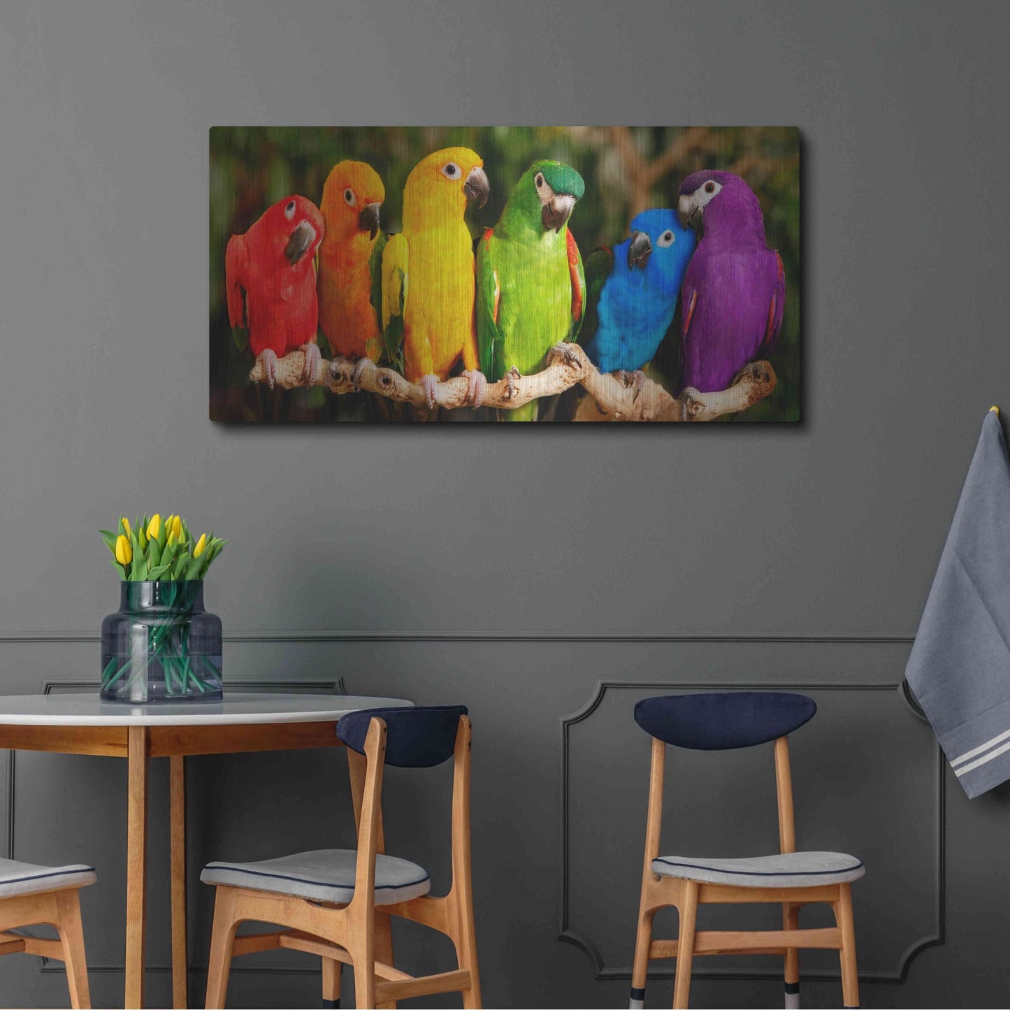 Luxe Metal Art 'Rainbow Parrots' by Mike Jones, Metal Wall Art,48x24