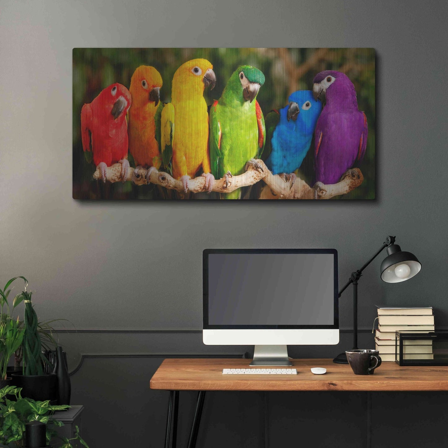 Luxe Metal Art 'Rainbow Parrots' by Mike Jones, Metal Wall Art,48x24