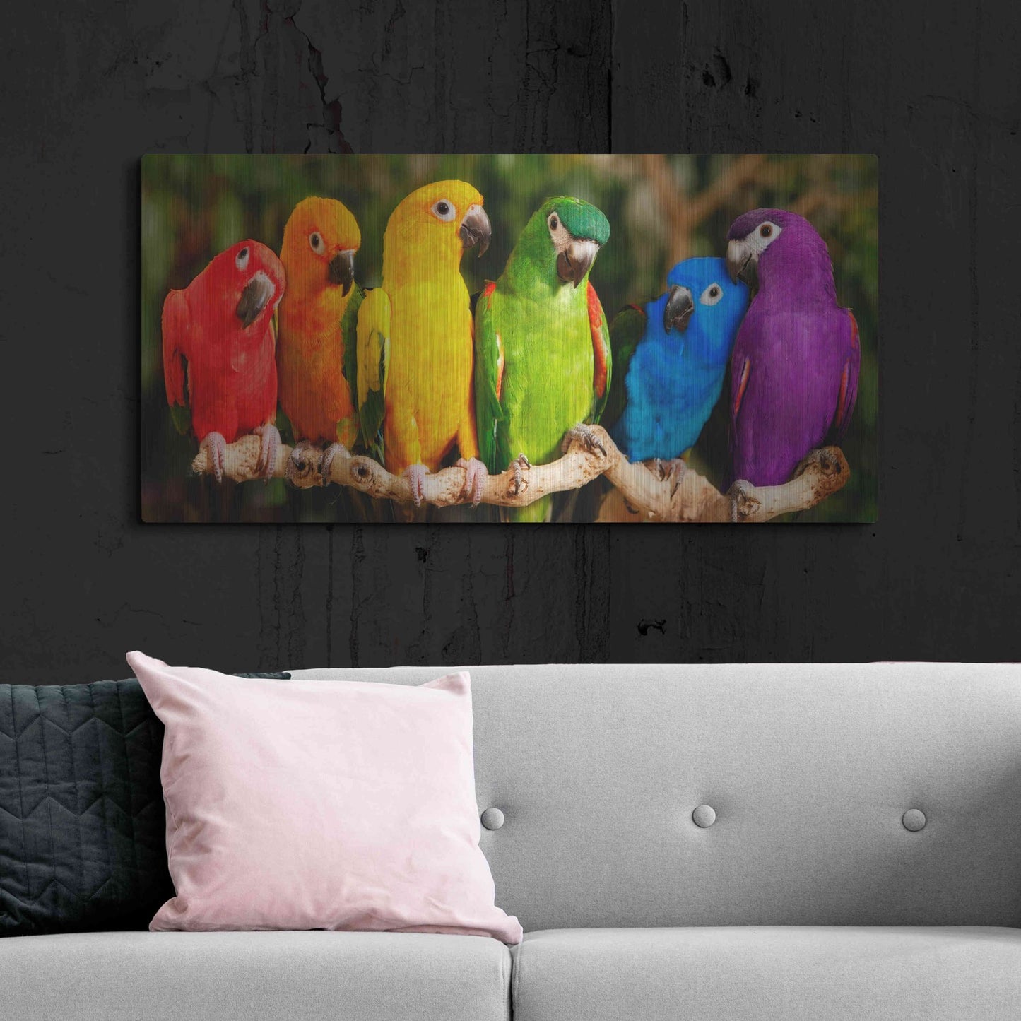 Luxe Metal Art 'Rainbow Parrots' by Mike Jones, Metal Wall Art,48x24