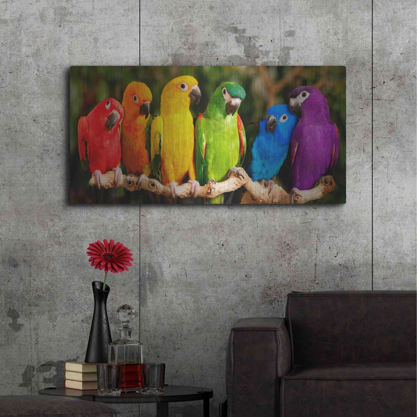 Luxe Metal Art 'Rainbow Parrots' by Mike Jones, Metal Wall Art,48x24