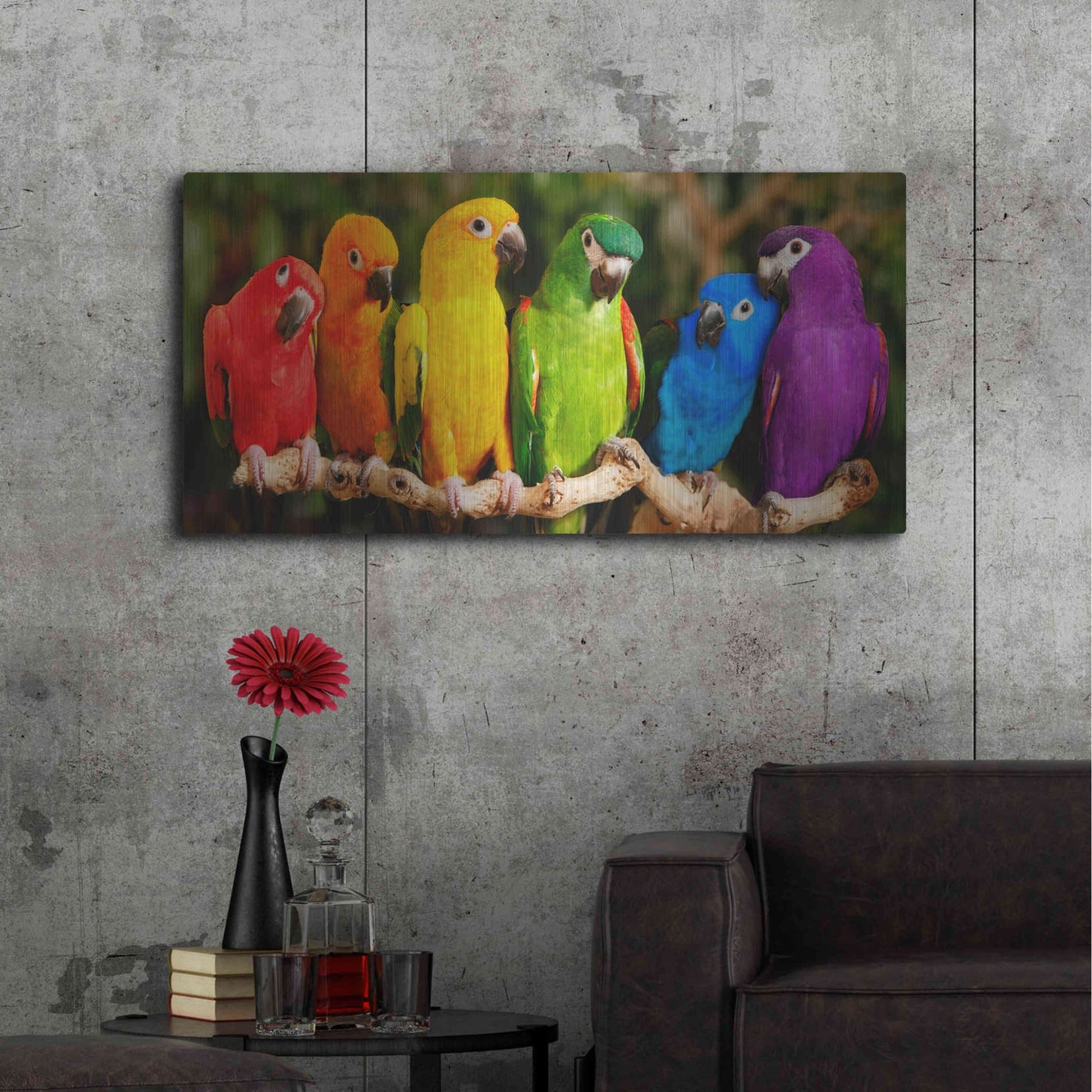 Luxe Metal Art 'Rainbow Parrots' by Mike Jones, Metal Wall Art,48x24