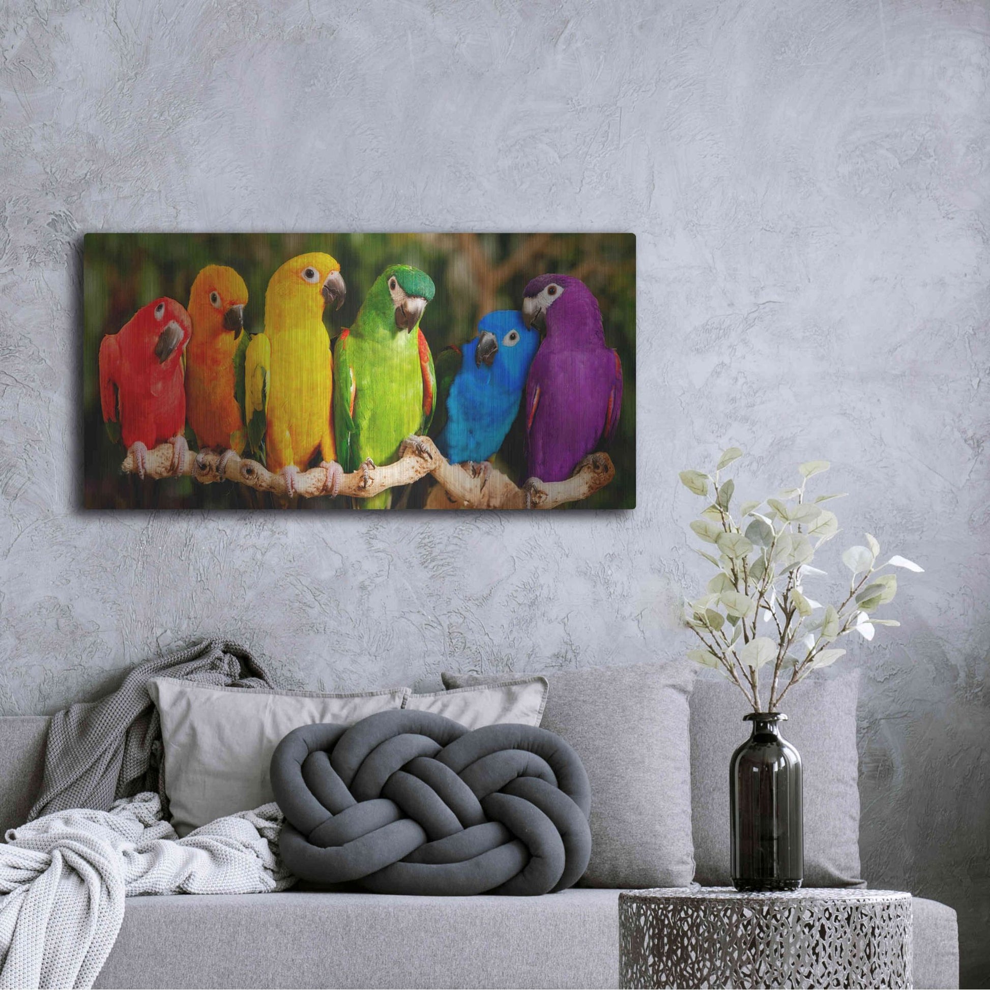 Luxe Metal Art 'Rainbow Parrots' by Mike Jones, Metal Wall Art,48x24