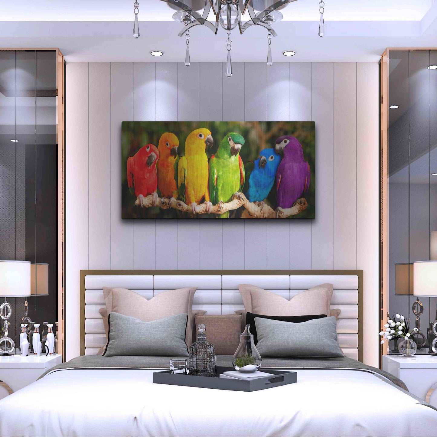Luxe Metal Art 'Rainbow Parrots' by Mike Jones, Metal Wall Art,48x24
